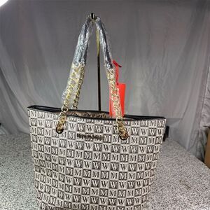Montana West Vegan Leather Tote Bag Black/White Chain Shoulder Straps